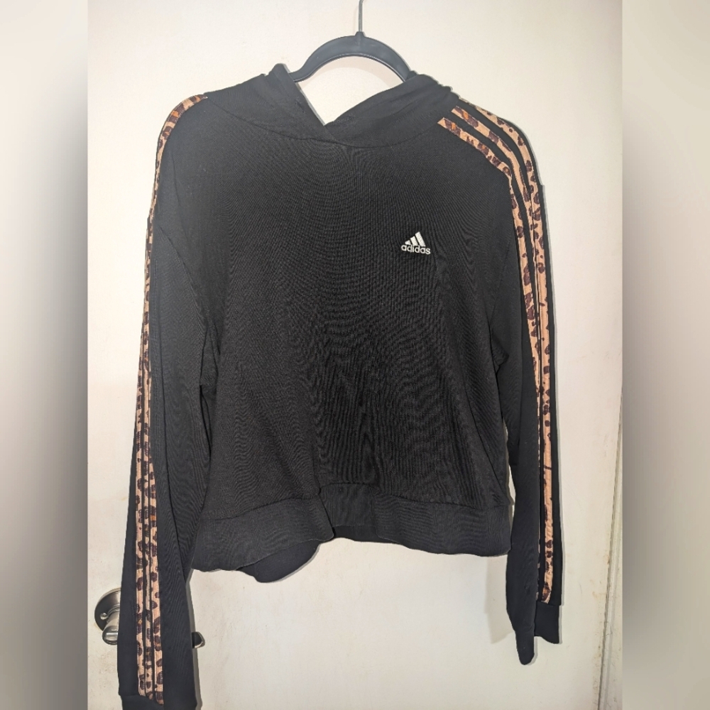 Adidas Women's Black Hoodie with Tan Stripes
